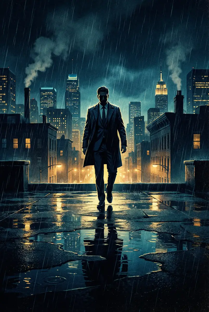 www.744tv.com 出品影片《雨夜独行者》海报，雨中城市屋顶男性剪影